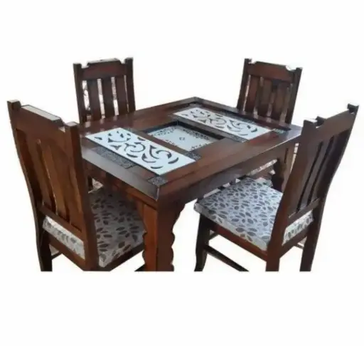 3kaari set Teak Wood Sagwa Dining Table with Glass Setn polish set