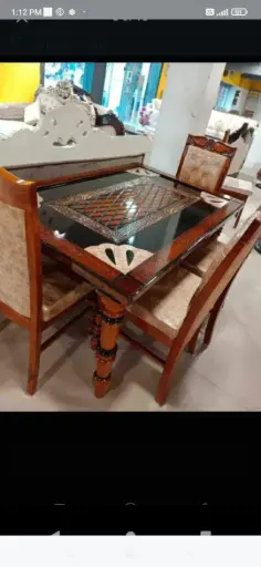 Sit back chairs Dining Table with Glass sets and walnut polish Teak Wood Sagwan Polish