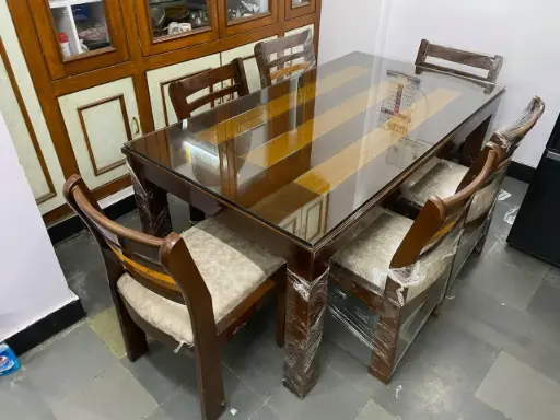 Chaudi Patti Dining Tables with Glass Set 6 Seater Teak Wood Polish